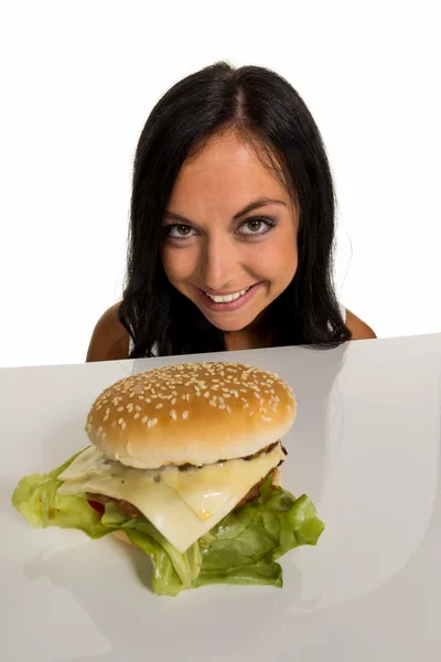 Donna con hamburger — Foto Stock