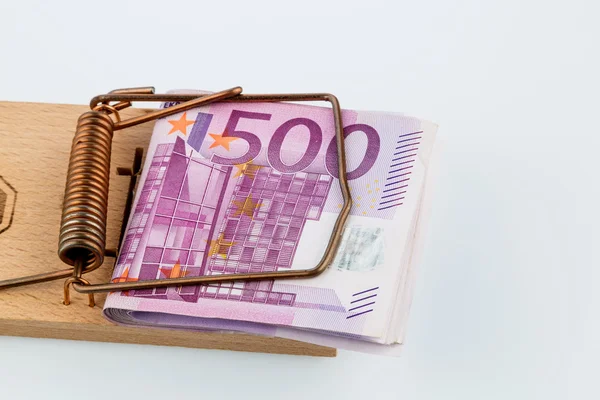 Euro banknotes in mouse trap — Stock Photo, Image