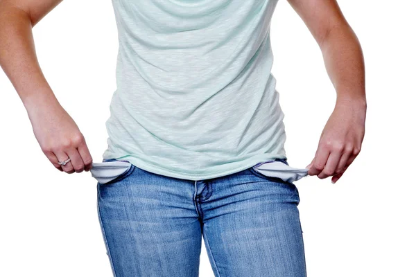 Woman with empty pockets — Stock Photo, Image