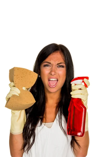 Huisvrouw schoonmaken geërgerd over — Stockfoto