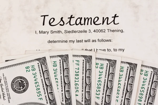 Dollar bills and english testament — Stock Photo, Image