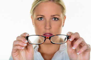 woman holding a pair of glasses clipart