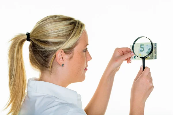 Woman with a new five-euro bill — Stock Photo, Image