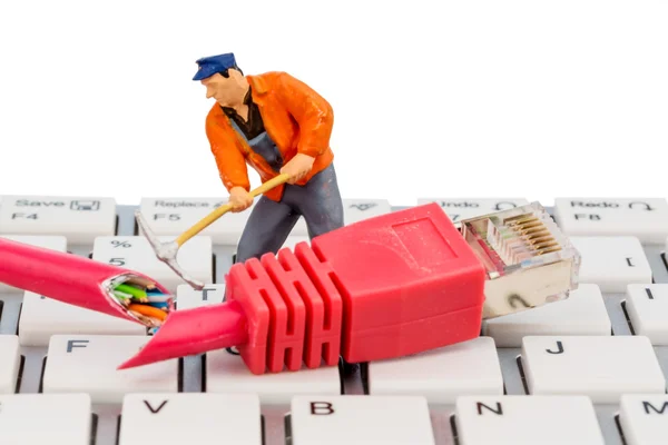 Workers, network connector, keyboard — Stock Photo, Image