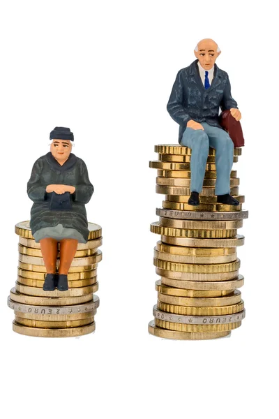 Pensioners and pensioner sitting on money stack — Stock Photo, Image