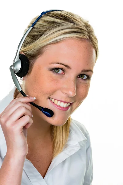 Mujer con auriculares en servicio al cliente —  Fotos de Stock