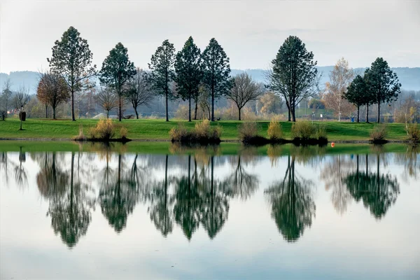 Drzewa odzwierciedlające jezioro — Zdjęcie stockowe