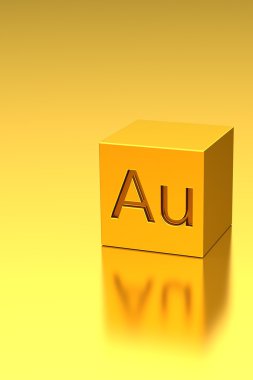 Au işareti, metal arka plan ile altın küp 