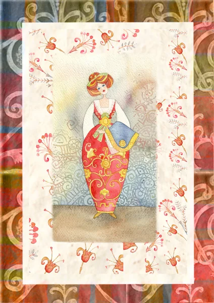 Dłoń akwarela ilustracja z tradycyjnych strojach noszonych na Wielkanoc, koniec powrót pocztówka — Zdjęcie stockowe