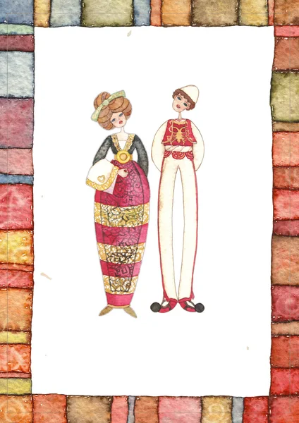Illustration à l'aquarelle dessinée à la main avec costumes traditionnels — Photo