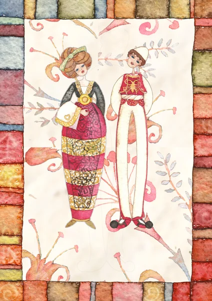 Hand drawn watercolor illustration with  traditional costumes — Stock Photo, Image