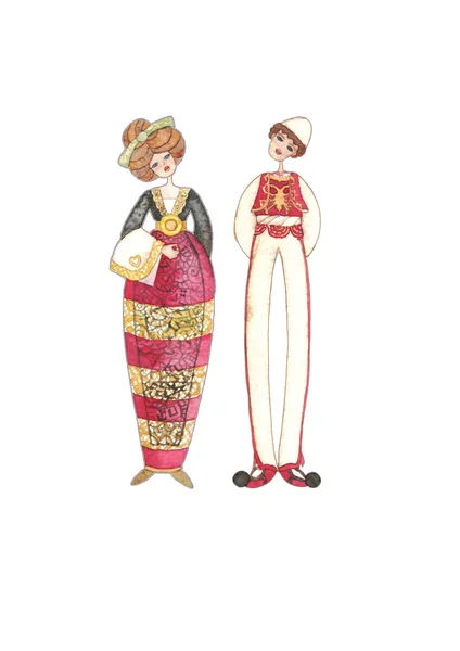 Иллюстрация акварелью с традиционными костюмами Стоковая Картинка