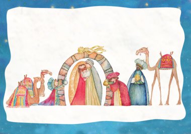 Üç Akil Adam ile Hıristiyan Noel Nativity sahne gösterimi
