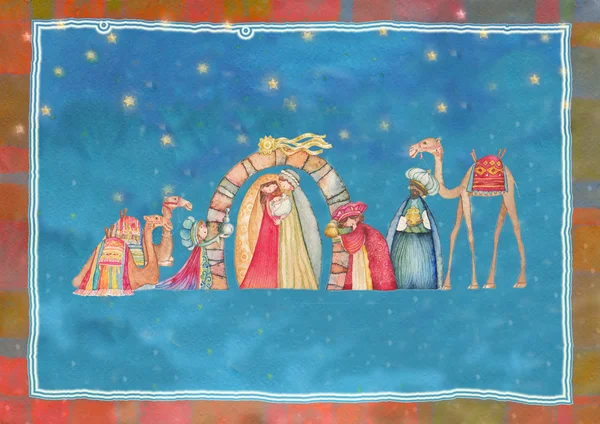 Vánoční betlém. Ježíš, Marie, Josef. Ilustrace — Stock fotografie