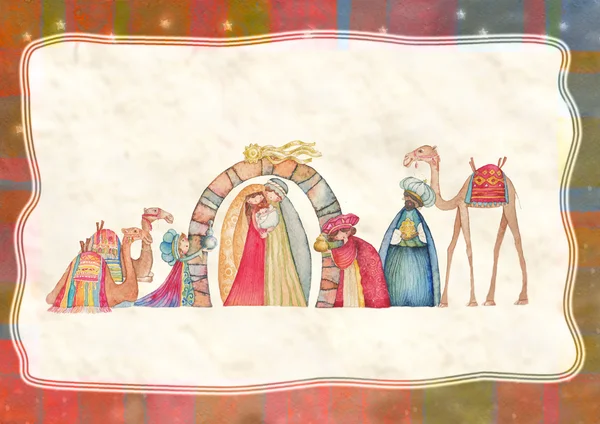 基督教的圣诞节圣诞场景中具有三个智者的插图 — 图库照片