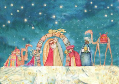 Üç Akil Adam ile Hıristiyan Noel Nativity sahne gösterimi