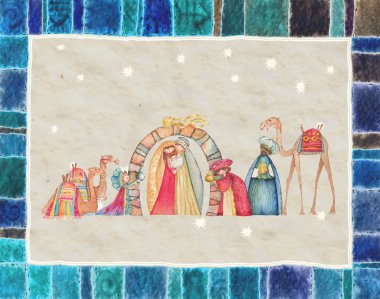 Üç Akil Adam ile Hıristiyan Noel Nativity sahne gösterimi