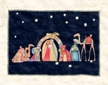 Üç Akil Adam ile Hıristiyan Noel Nativity sahne gösterimi