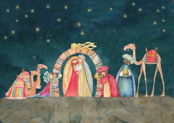 Ilustración de Navidad cristiana Belén con los tres sabios — Foto de Stock