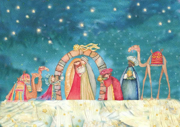 Ilustración de Navidad cristiana Belén con los tres sabios —  Fotos de Stock