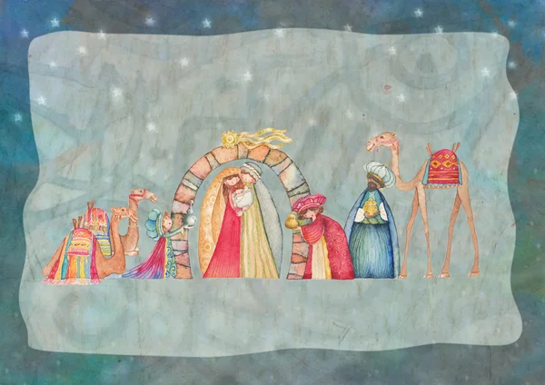 Üç Akil Adam ile Hıristiyan Noel Nativity sahne gösterimi