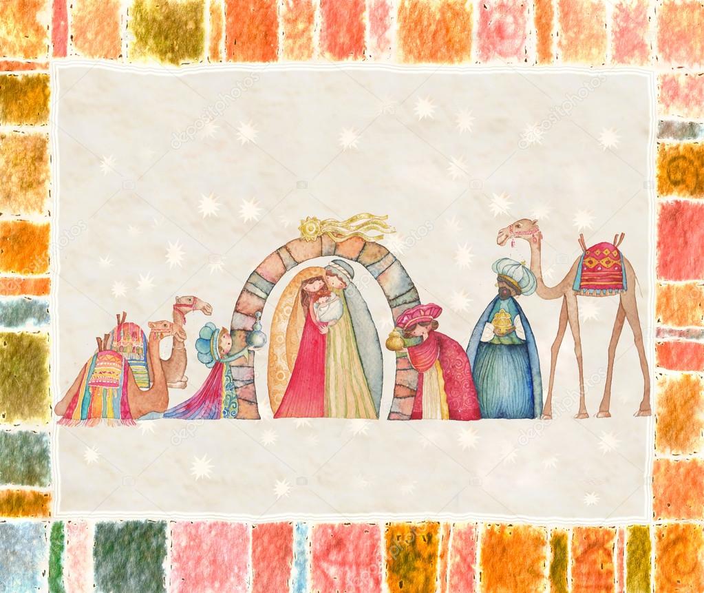 Illustration of Christian Christmas Nativity scene with the three wise men