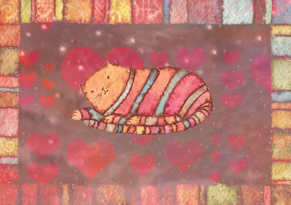 줄무늬 고양이, 수채화 — 스톡 사진