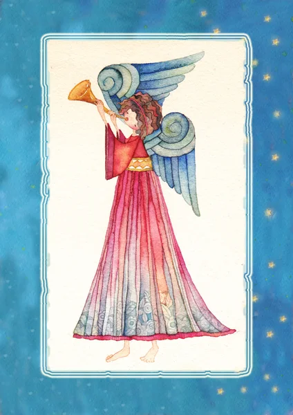 Angel met trompet, aquarel. — Stockfoto