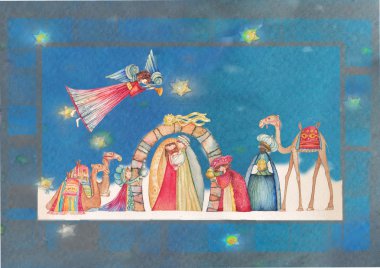 Noel doğum sahnesi. İsa, Meryem, Yusuf ve melekler trompet