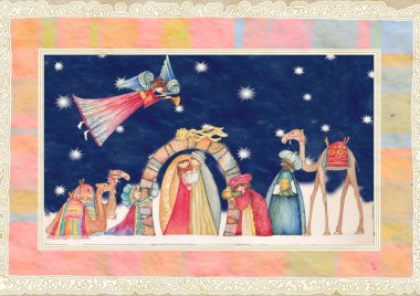 Noel doğum sahnesi. İsa, Meryem, Yusuf ve melekler tr ile