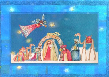 Noel doğum sahnesi. İsa, Meryem, Yusuf ve melekler trompet