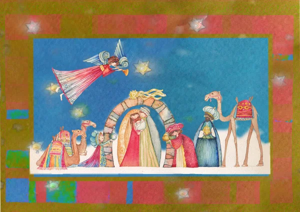 クリスマスのキリスト降誕のシーン。イエス、マリア、ヨセフとトランペットと天使 — ストック写真