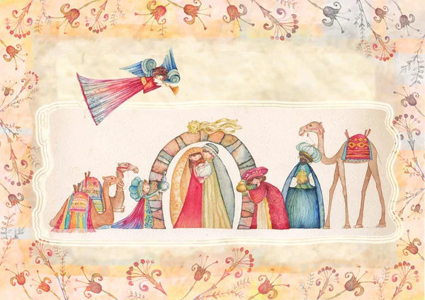 Noel doğum sahnesi. İsa, Meryem, Yusuf ve melekler trompet — Stok fotoğraf