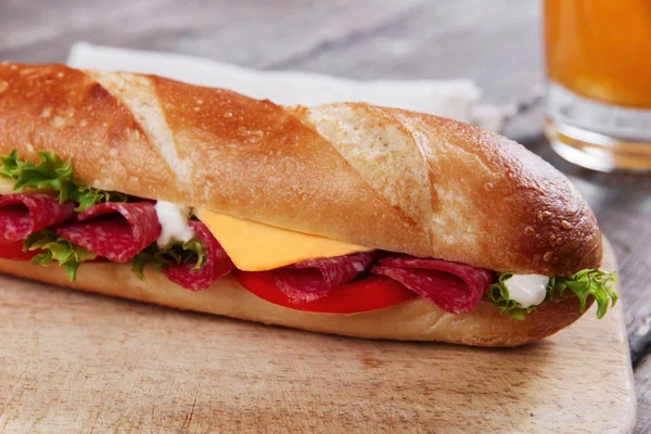 Sandwich stokbrood kaas salami tomatensaus en kruiden — Stockfoto