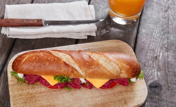 Sanduíche baguete queijo salame molho de tomate e ervas — Fotografia de Stock