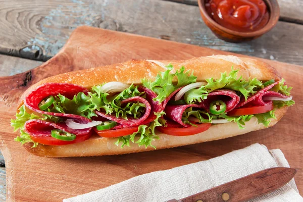 Sanduíche baguette tomate salame molho de tomate e ervas — Fotografia de Stock