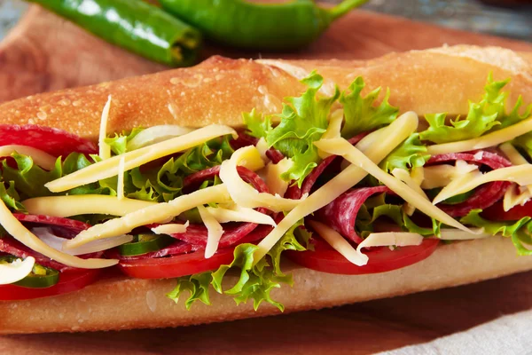 Sanduíche baguete queijo salame molho de tomate e ervas — Fotografia de Stock