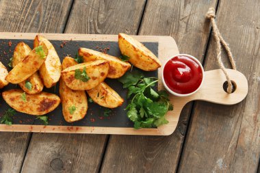 pişmiş kavrulmuş patates dilimleri otlar ve kırmızı sos ile