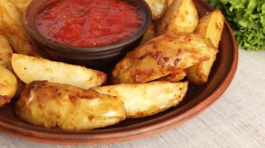 fırında patates dilimleri sosuna batırılmış