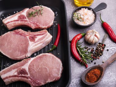 Taze çiğ et, domuz eti, kuzu eti, kemik, ızgara tava ve baharatlar.