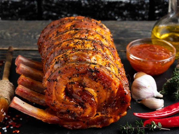 Rolado Carne Crua Assada Rump Carne Porco Cordeiro Marinato Vermelho — Fotografia de Stock