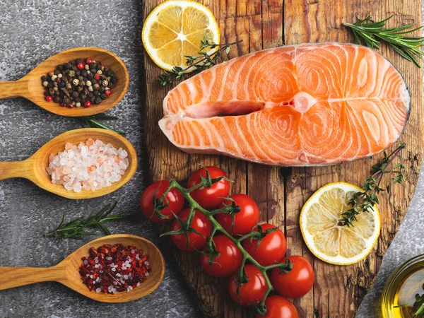 Raw Fresh Steak Fish Trout Salmon Spices Wooden Board Ingredients — Stock Photo, Image