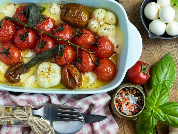 烤蔬菜番茄 莫扎拉奶酪 大蒜在烤箱陶瓷盘 图库图片