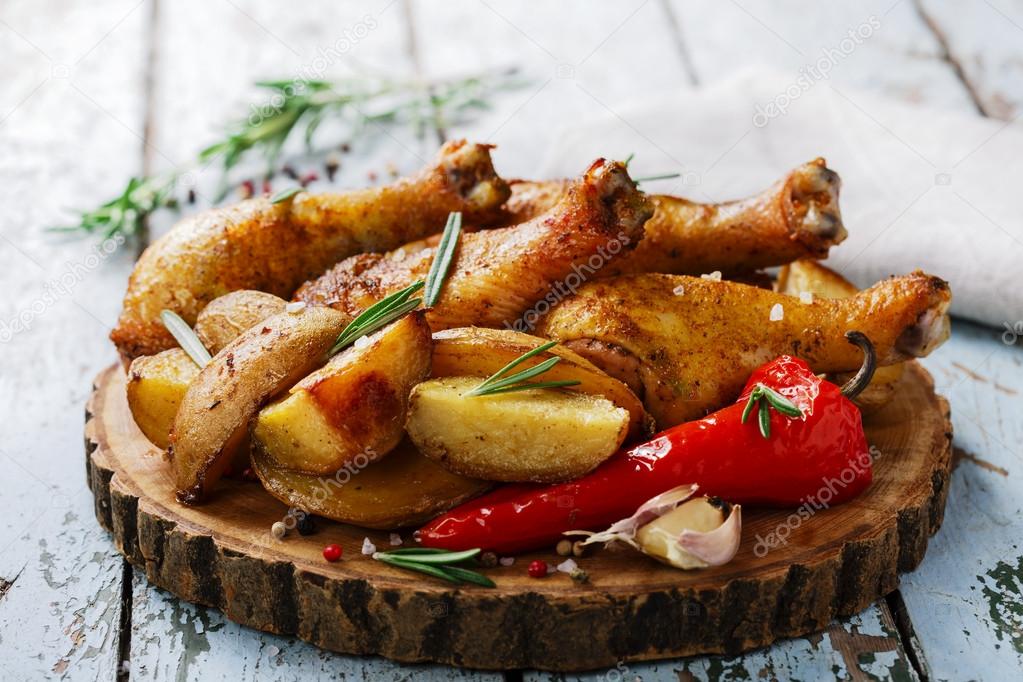 Baked chicken leg with potatoes