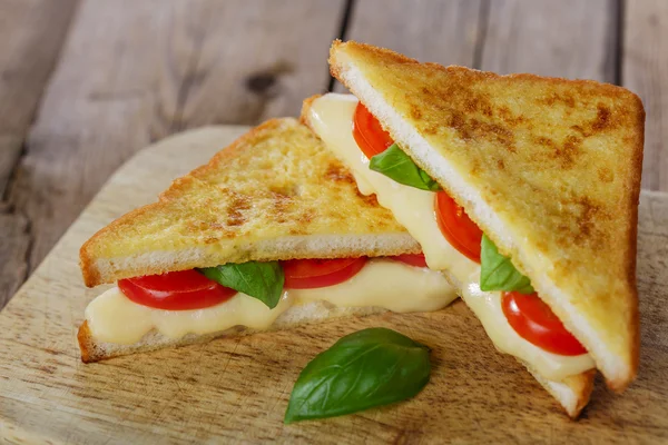 Fried toast sandwich with mozzarella and cherry tomatoes — Stock Photo, Image