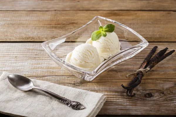 Ball of vanilla ice cream on a plate — Stock Photo, Image