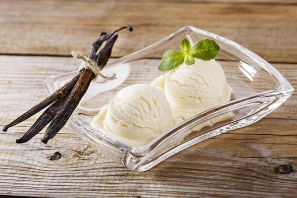 Ball of vanilla ice cream on a plate
