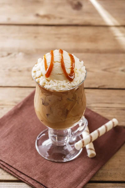 Iced coffee with milk and ice cream caramel — Stock Photo, Image