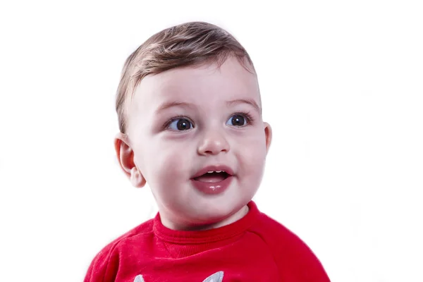 Pequeño niño feliz de un año de edad sobre un retrato de fondo blanco — Foto de Stock