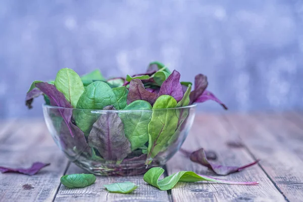 Mixed Salad leaves in a glass bowl on wooden background. — Stock Photo, Image